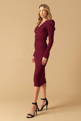 YOUNG LOVE - BURGUNDY - PUFF SLEEVE SWEATER DRESS