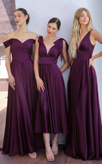 JILLIAN GOWN - EGGPLANT - A-LINE SOFT SATIN OFF THE SHOULDER DRESS