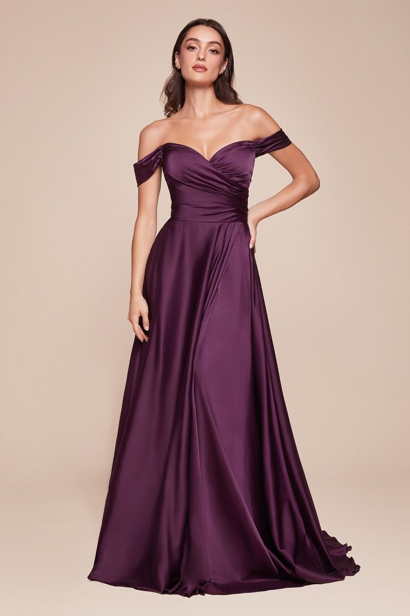 JILLIAN GOWN - EGGPLANT - A-LINE SOFT SATIN OFF THE SHOULDER DRESS