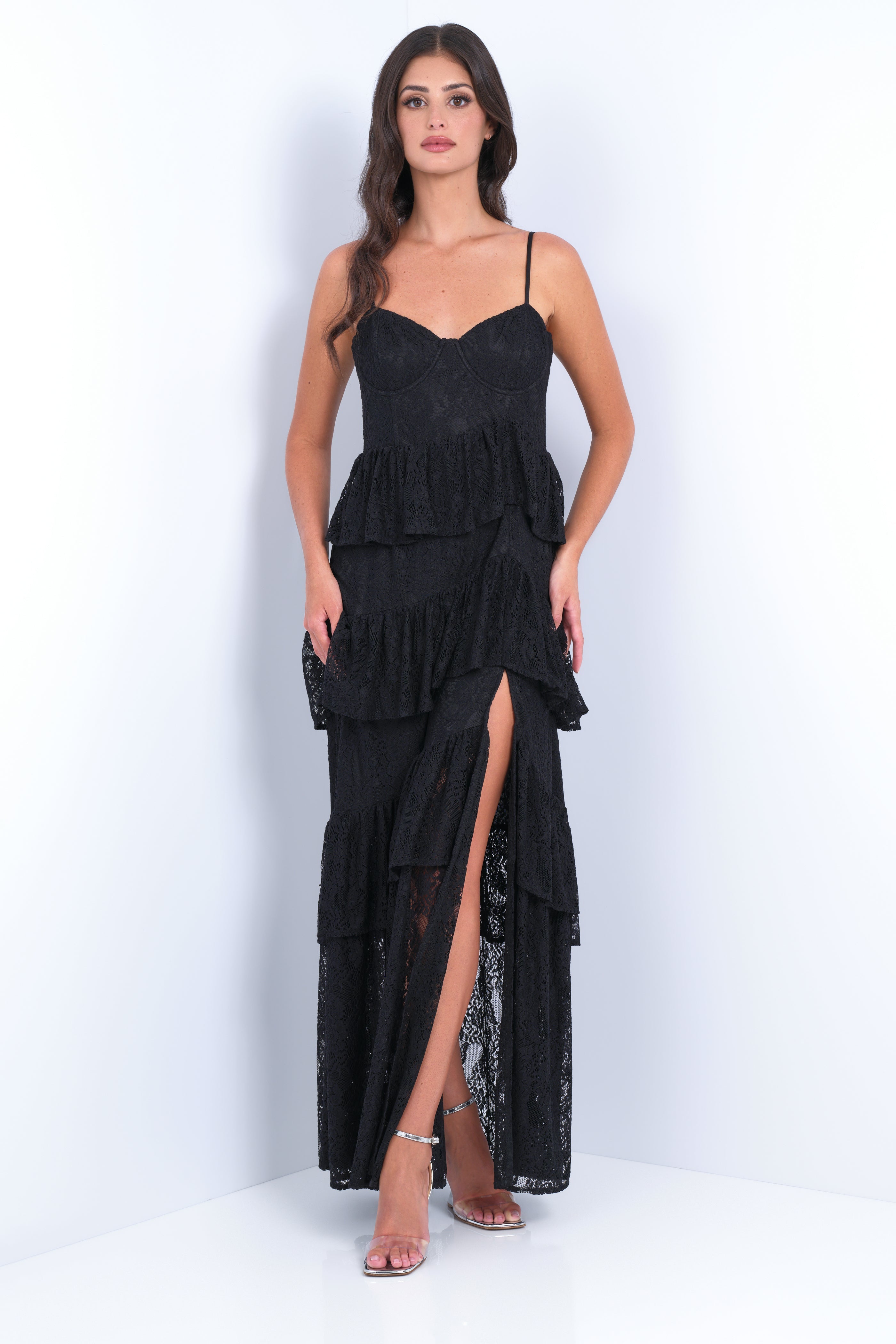 Vanna Lace Tiered Maxi Dress - Black