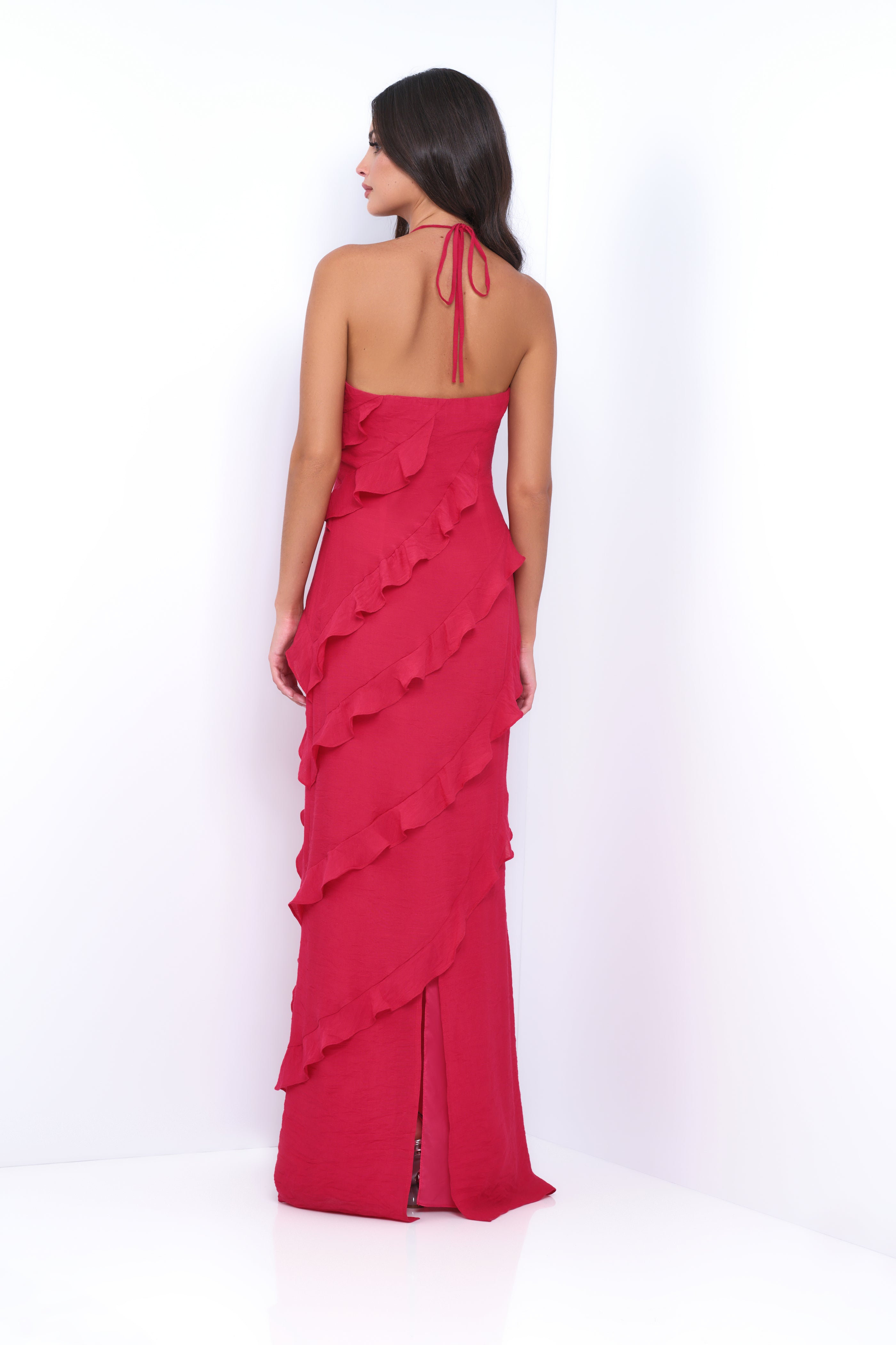 Remi Red Maxi Dress - Halter Neck, Open Back, Ruffle Detail