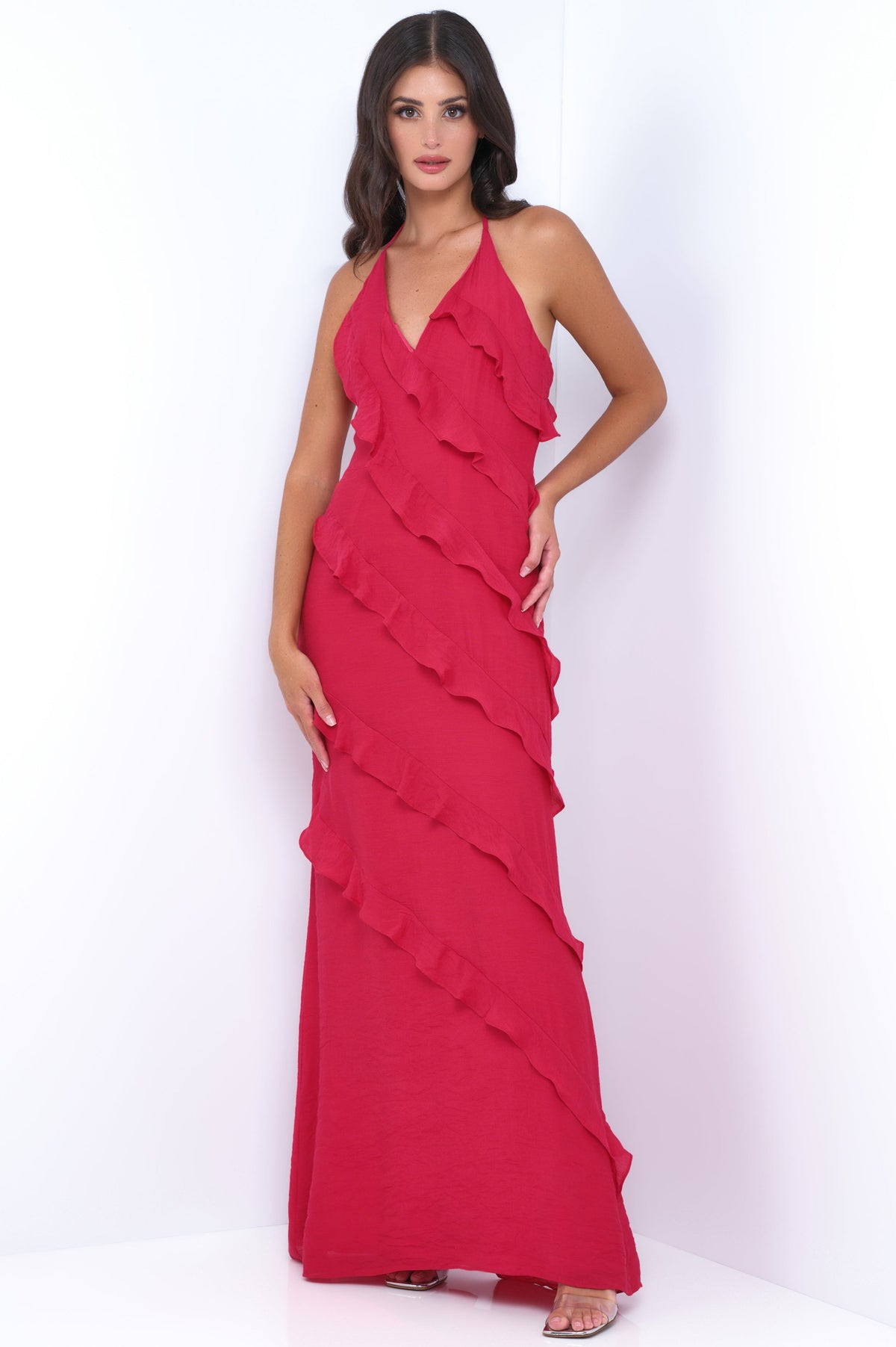 Remi Red Maxi Dress - Halter Neck, Open Back, Ruffle Detail