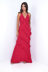 Remi Red Maxi Dress - Halter Neck, Open Back, Ruffle Detail