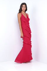 Remi Red Maxi Dress - Halter Neck, Open Back, Ruffle Detail