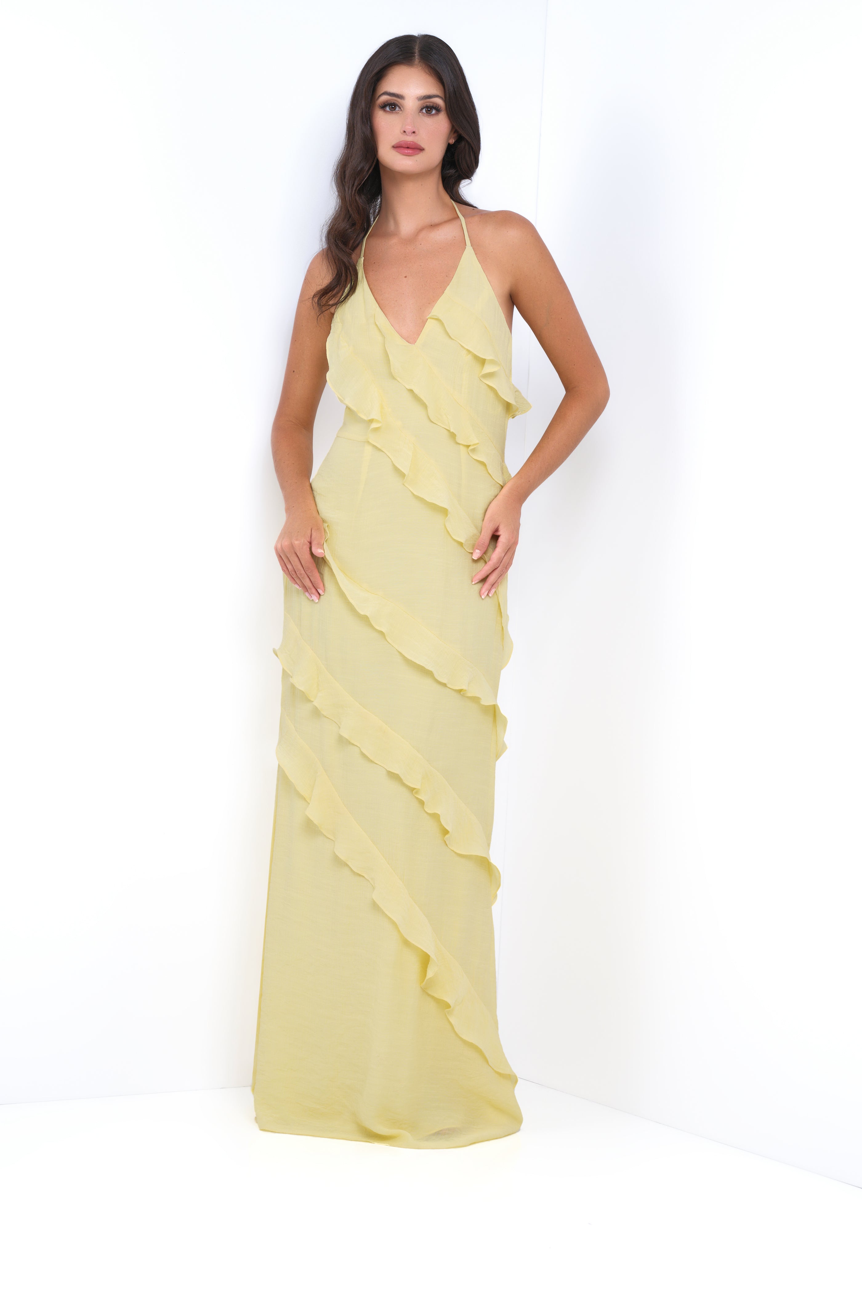 Remi Yellow Maxi Dress - Halter Neck, Open Back & Ruffle Detail