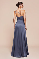 Miranda Gown - French Navy - ONE SHOULDER SOFT SATIN A-LINE DRESS