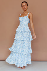 Molly Maxi Dress - Blue Floral Tiered Dress with Bow