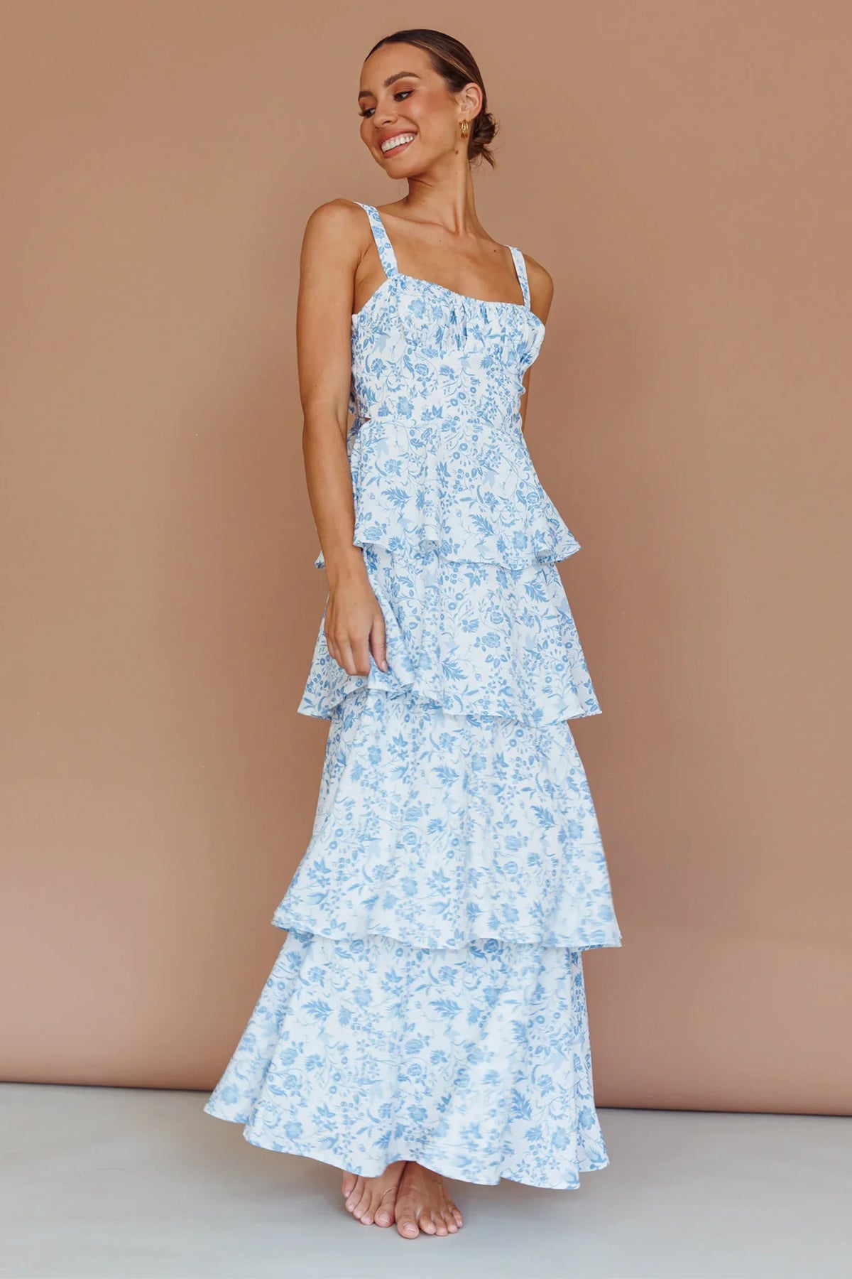 Molly Maxi Dress - Blue Floral Tiered Dress with Bow