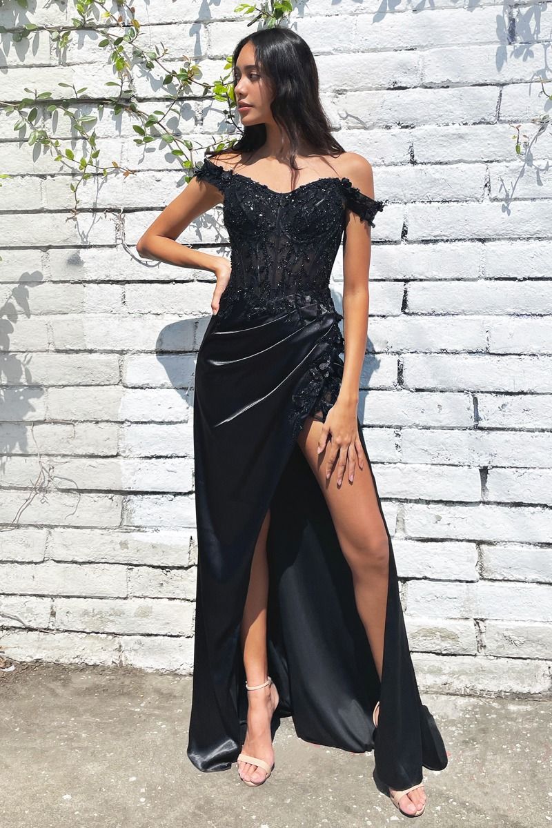 Rosaline Gown - Black - FLORAL OFF THE SHOULDER GOWN
