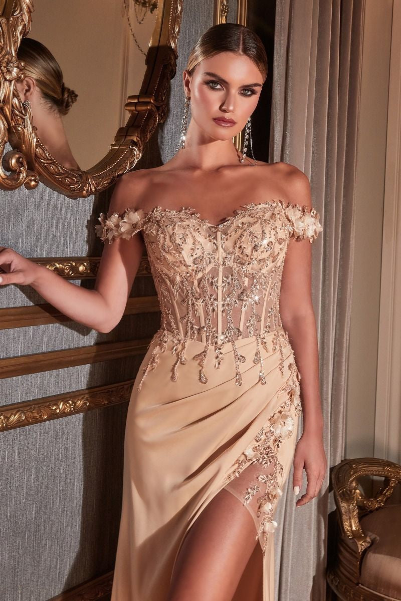 Rosaline Gown - Champagne - FLORAL OFF THE SHOULDER GOWN