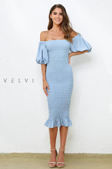 Skyla Shirred Midi Dress - LIGHT BLUE
