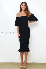 Skyla Shirred Midi Dress - BLACK