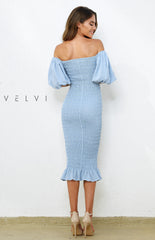 Skyla Shirred Midi Dress - LIGHT BLUE