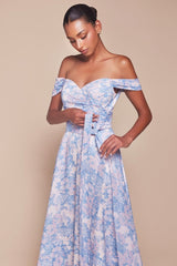 TILDA GOWN - BLUE - OFF THE SHOULDER FLORAL PRINTED A-LINE DRESS