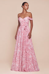 TILDA GOWN - ROSE - OFF THE SHOULDER FLORAL PRINTED A-LINE DRESS