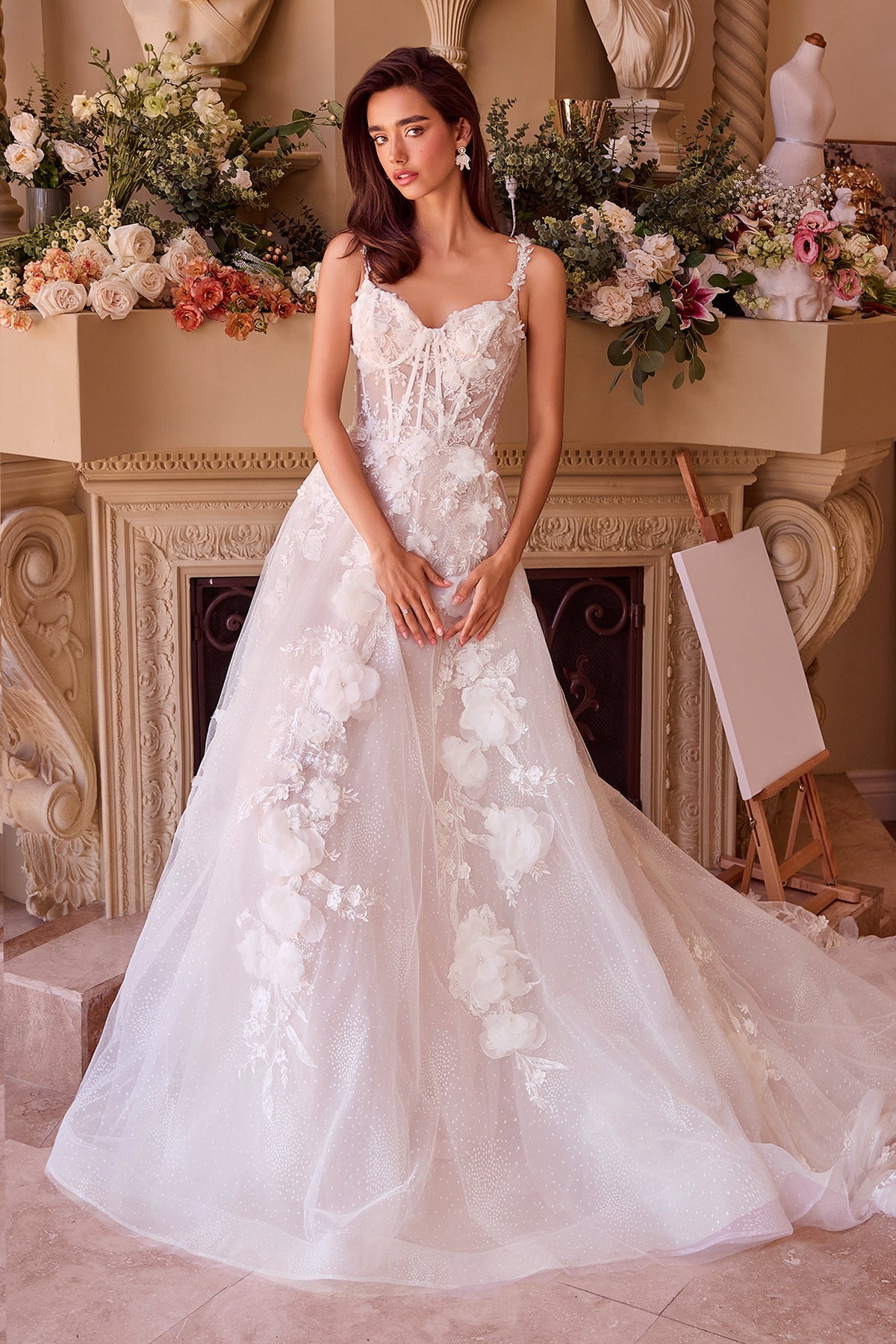 WL045 - Intricate Floral Applique A-Line Tulle Wedding Dress - Andrea & Leo