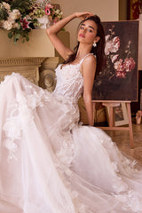 WL045 - Intricate Floral Applique A-Line Tulle Wedding Dress - Andrea & Leo
