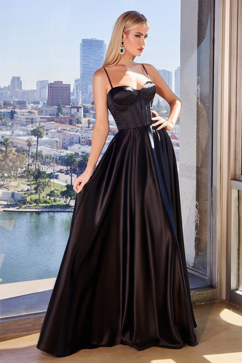 SELMA GOWN - BLACK - A-LINE LUXE SATIN BUSTIER DRESS