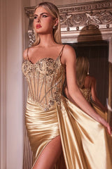 Teagan Gown - Gold  - FITTED SATIN & LACE DRESS