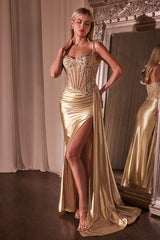 Teagan Gown - Gold  - FITTED SATIN & LACE DRESS