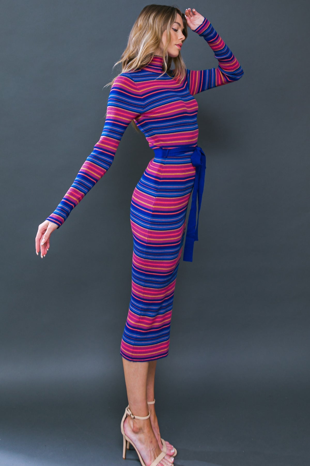 SWEATER WEATHER MIDI DRESS - BLUE & FUCHSIA STRIPE
