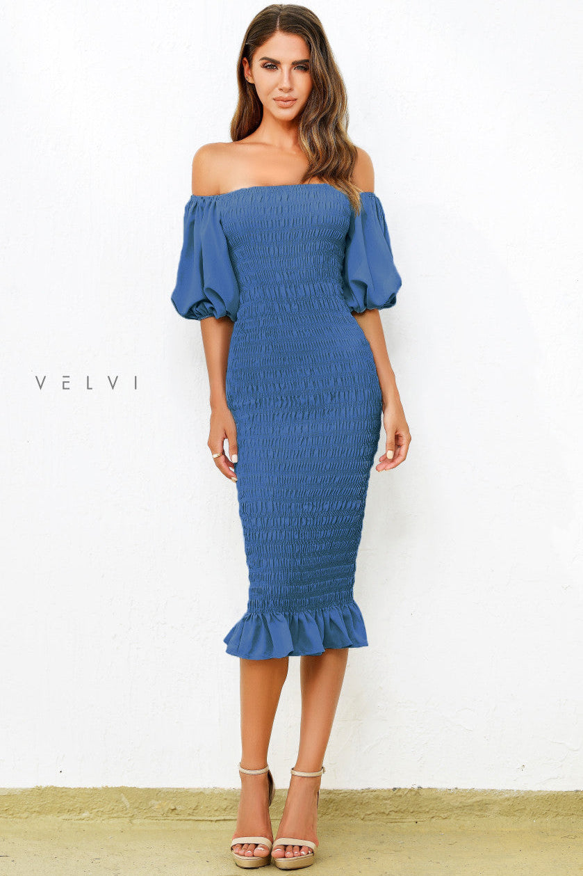 Skyla Shirred Midi Dress - Navy