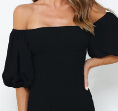 Skyla Shirred Midi Dress - BLACK