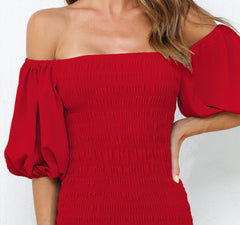 Skyla Shirred Midi Dress - RED