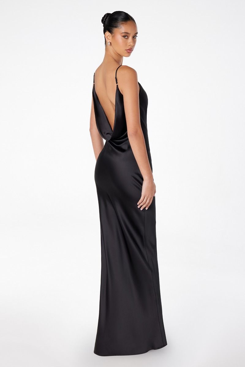 Lina Satin Cowl Neck Maxi Dress with Draped Back