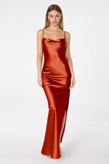 Lina Satin Cowl Neck Maxi Dress with Draped Back